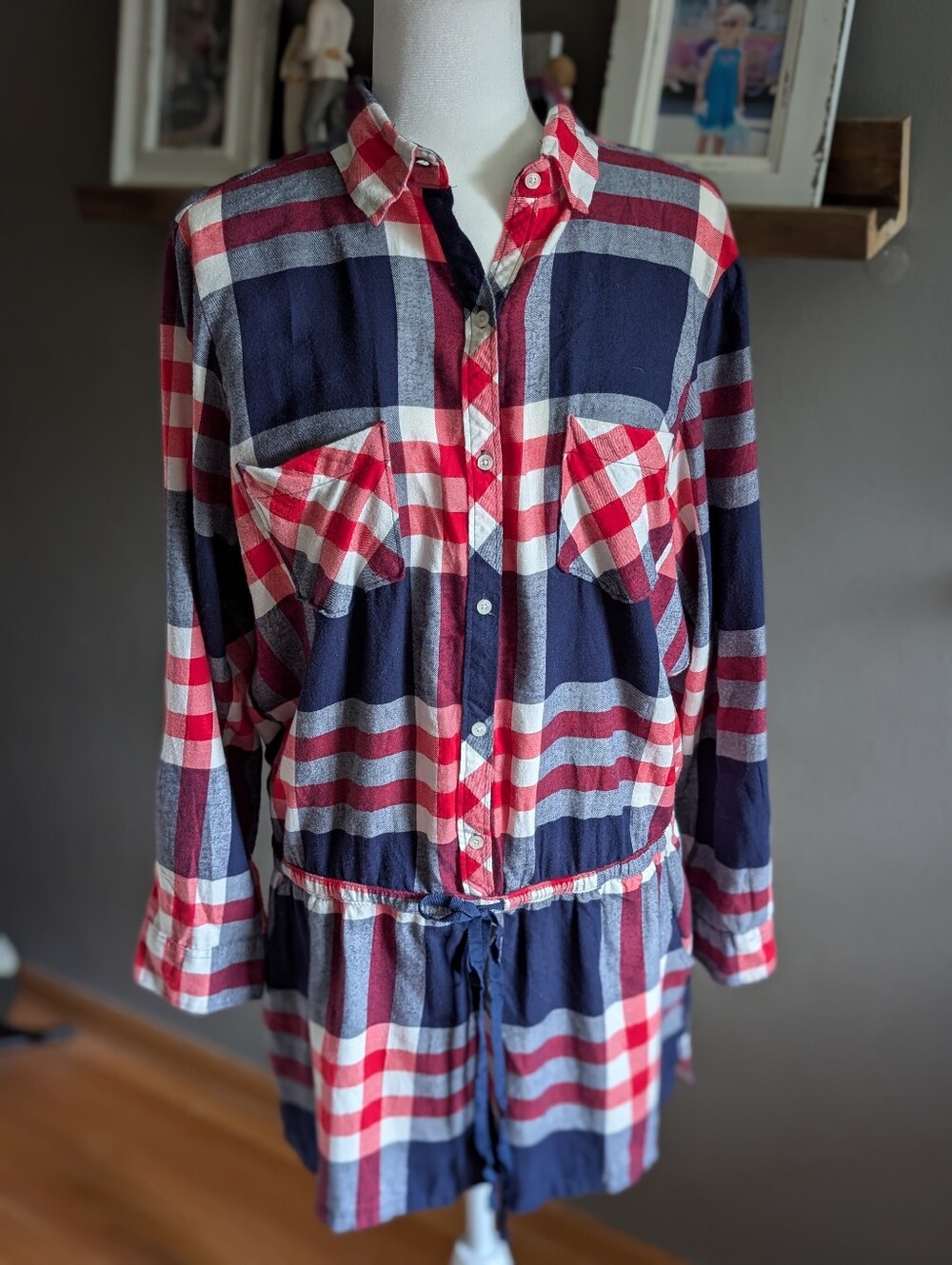 Aerie XL Red Navy Plaid Flannel Sleep Lounge Romper Long Sleeve Tie Waist
